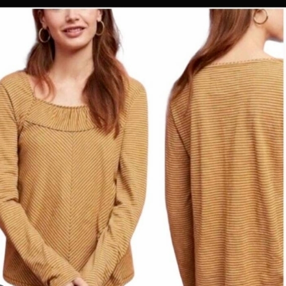 ❤️Maeve Anthropologie Kenley Mustard Yellow & White Striped Top Size XSmall - Picture 1 of 7